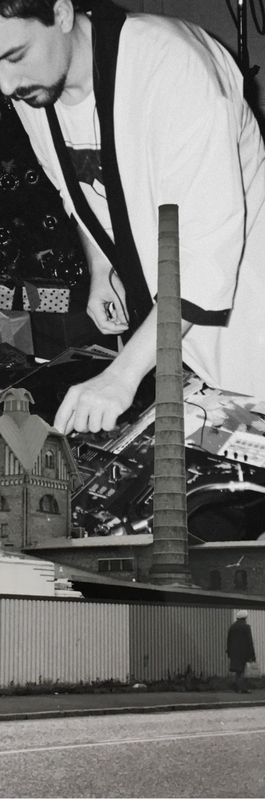 A grayscale image of a DJ playing music. The picture is woven in with another picture of a house with a chimney where animated smoke comes from.